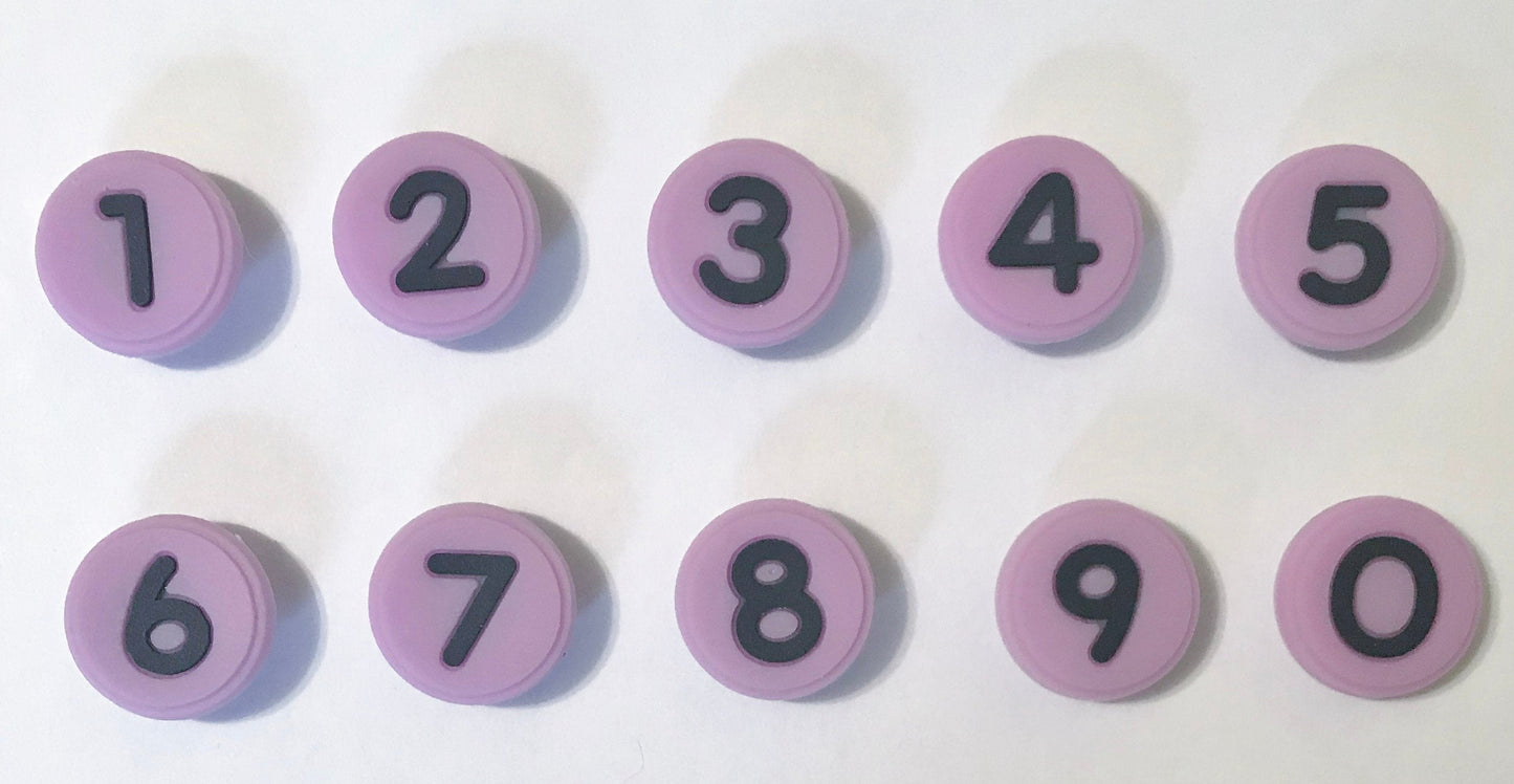 Number shoe charms colored circles with black, round, white, blue, pink, yellow, purple