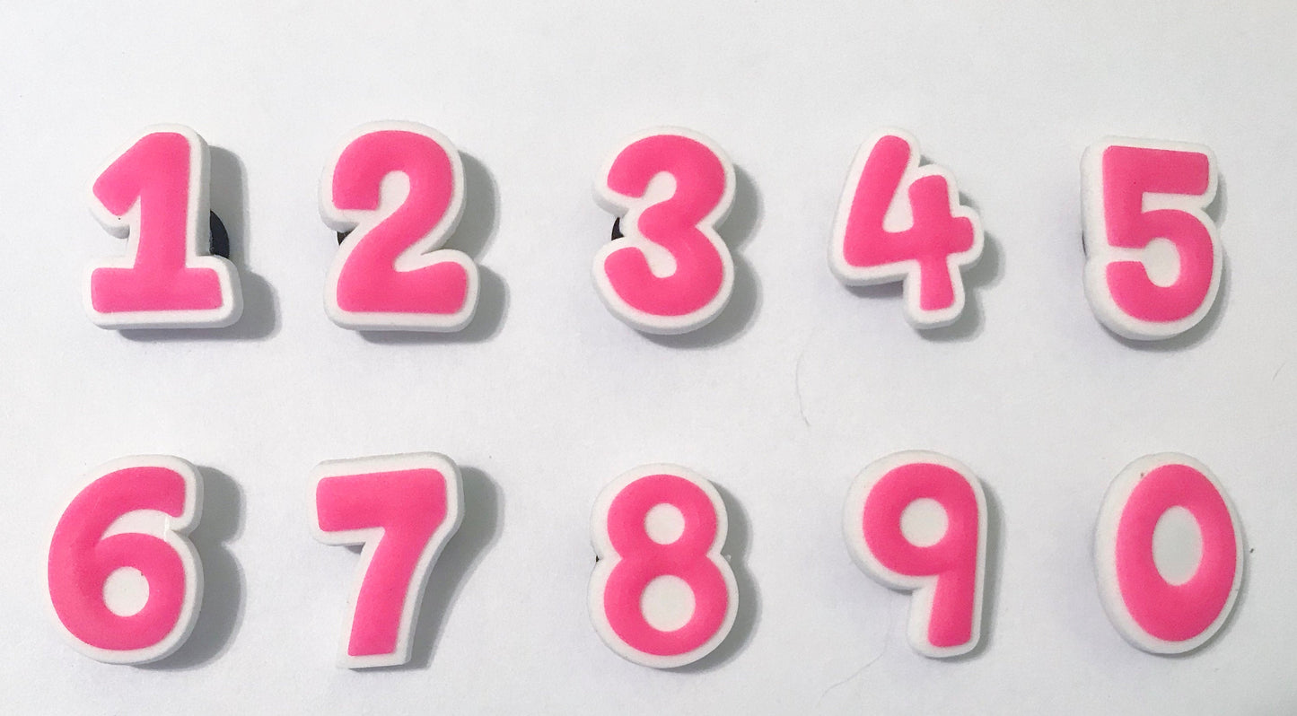 Number shoe charms, neon, florescent, blue, pink, orange, yellow, purple, salmon