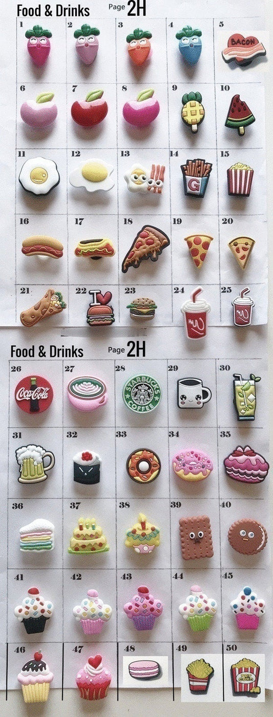 Food and drinks shoe charms, fruit, vegetables, dessert, pizza