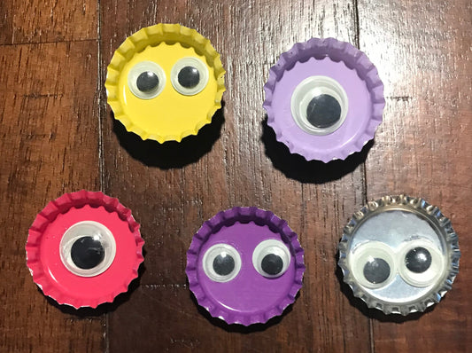 Googly eyed bottle cap shoe charms, eyes glow in the dark, wiggly, jiggly, fun, silly, gifts, cute, colorful, specialty