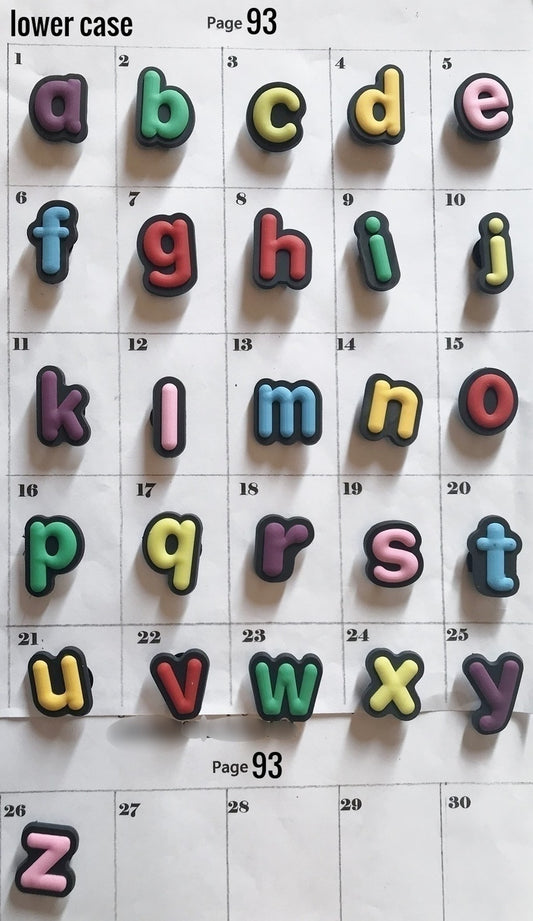 Colored letter shoe charms, lower case, alphabet