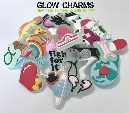 Glow in the dark shoe charms, camp, dogs, balloons, flowers, bunny