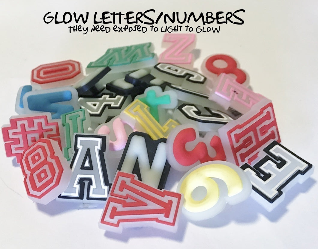 Glow letters and numbers shoe charms